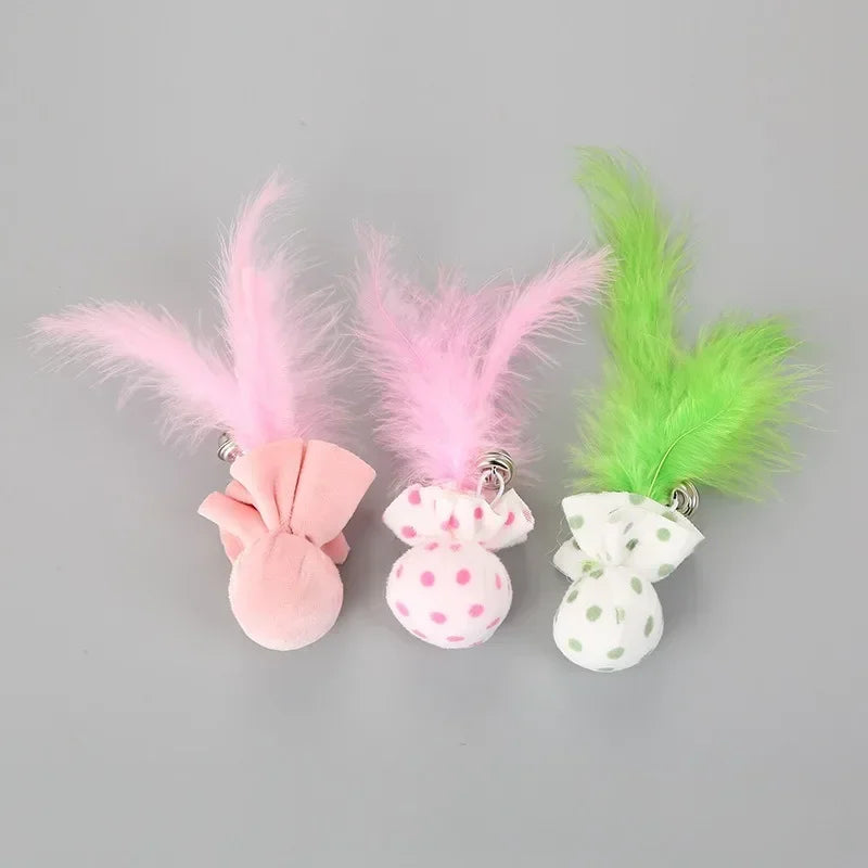 Pet Toy Plush Ball with Feather & Bells - Cat Teaser Chew Toy